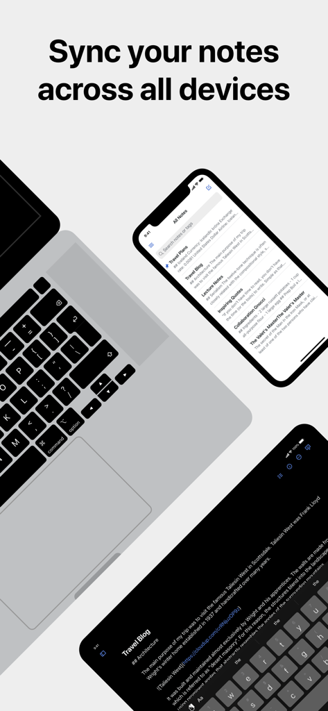 Simplenote - Simplenote app interface showing notes synchronized across a laptop, smartphone, and tablet