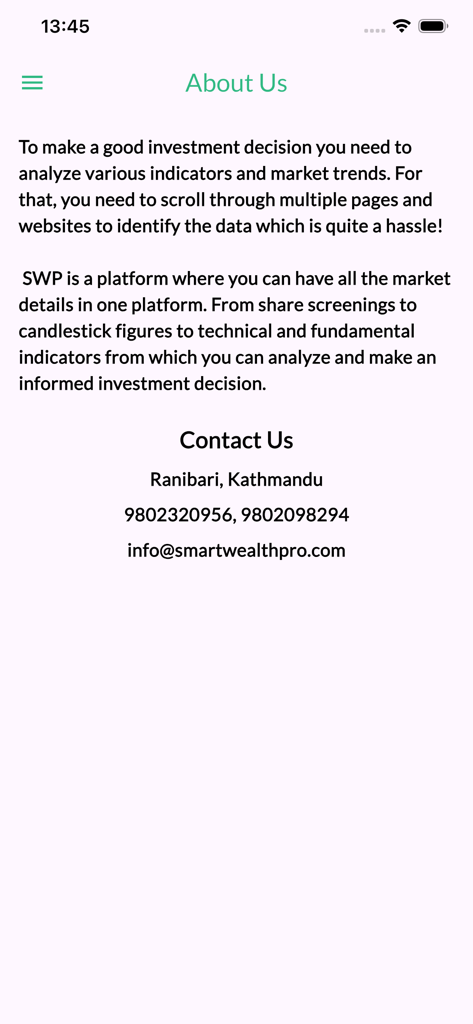 Smart Wealth Pro - Smart Wealth Pro app about us and contact information screen