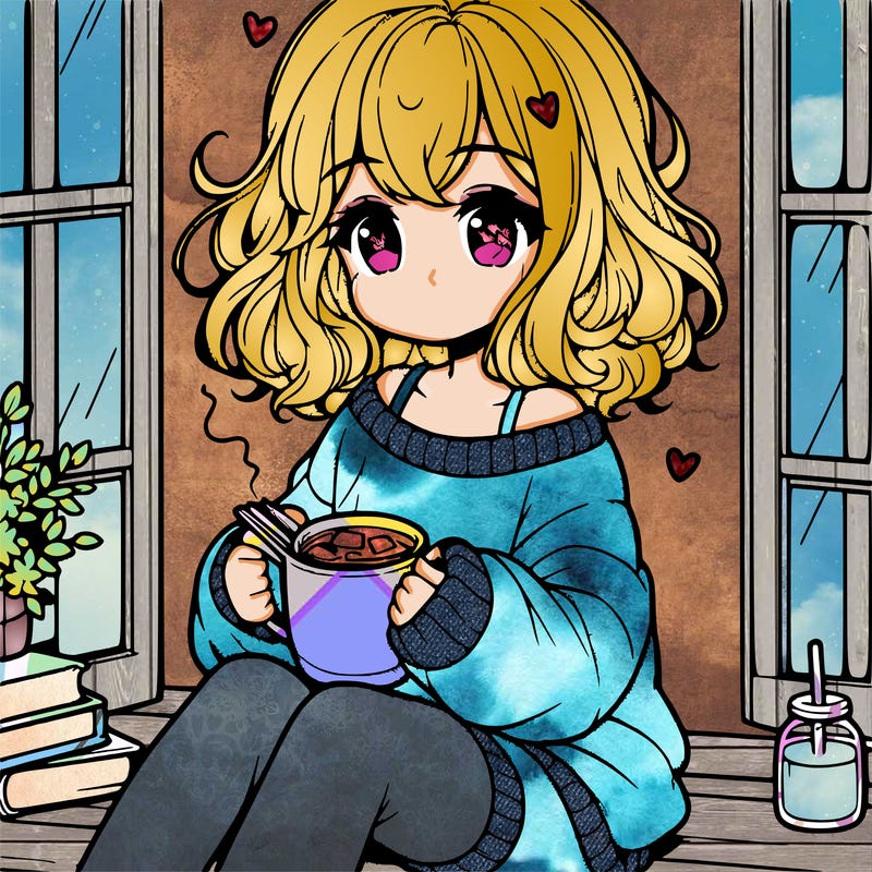 cute anime girl reading book and drinking hot chocolate from mug with loose wavy hair wearing a baggy sweatshirt and shorts sitting by windowsill looking out
