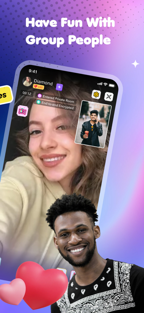 MOKA app screenshot showing a secure private video call with diverse young people