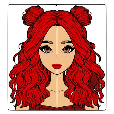 realistic girl with wavy hair and half of her hair in 2 buns