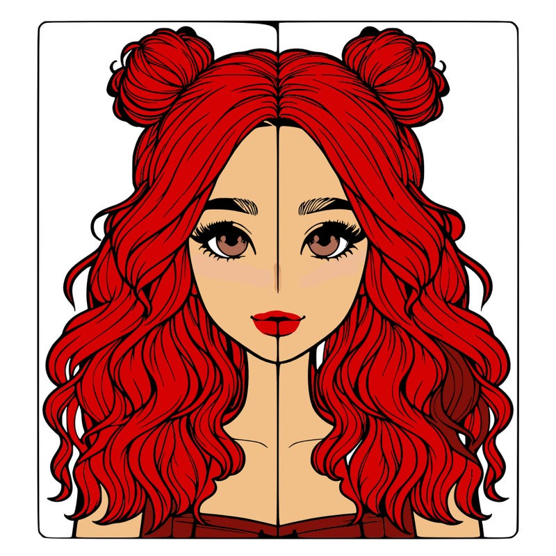 realistic girl with wavy hair and half of her hair in 2 buns