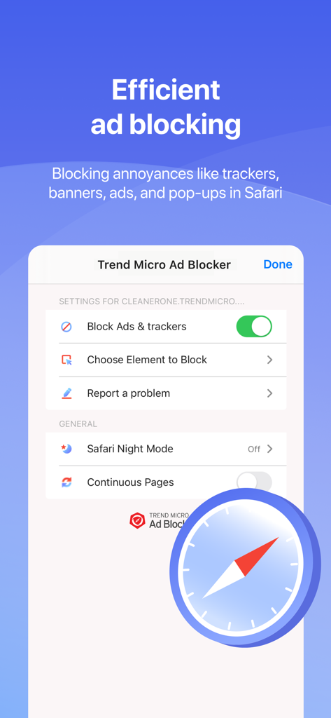 Trend Micro Ad Blocker interface showing efficient ad and tracker blocking for Safari