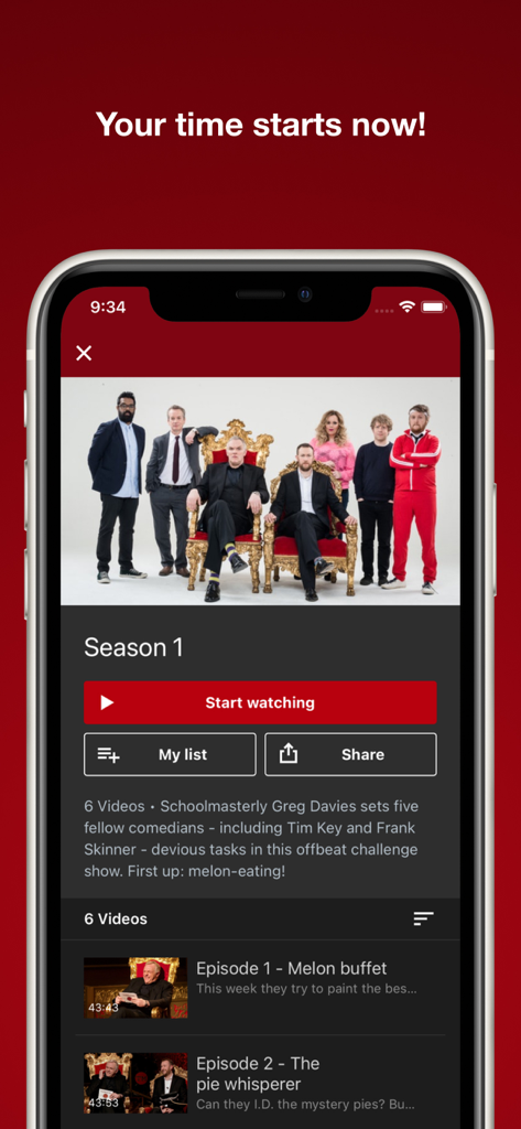 Taskmaster SuperMax+ - Smartphone screen showing the Taskmaster SuperMax plus app interface with a list of episodes from Season 1.