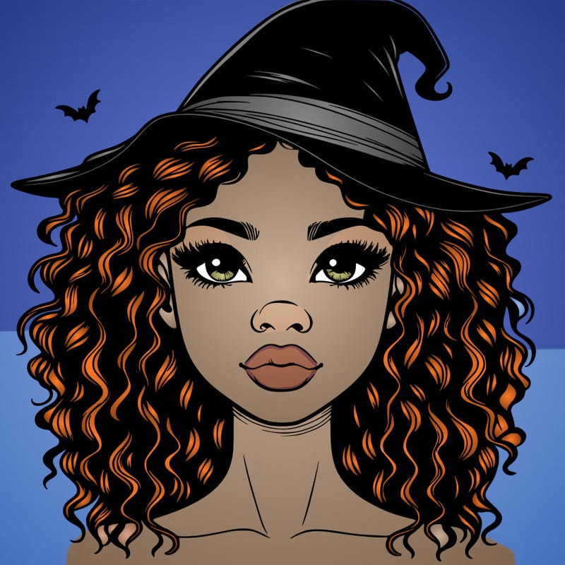 realistic black girl with wavy hair and witch hat and nose and lips