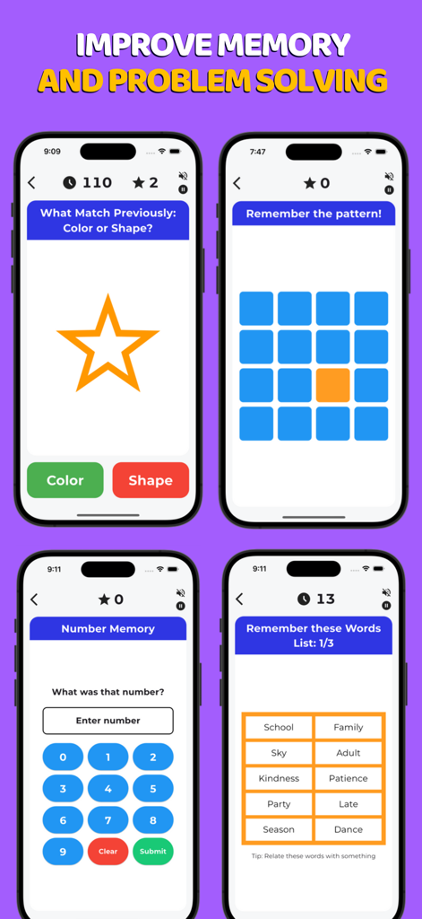 Mind Games: Brain Training Gym - Cuatro pantallas móviles que muestran diferentes juegos de entrenamiento cerebral para la memoria y la resolución de problemas, incluidas listas de palabras y recuerdo de números