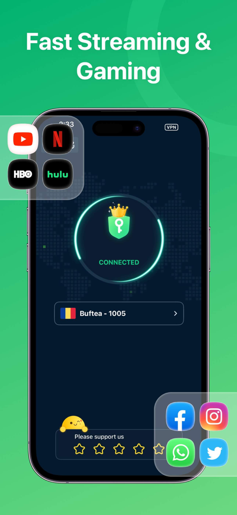 Interfaz de la aplicación XY VPN que muestra una conexión segura para streaming y juegos de alta velocidad con iconos de servicio
