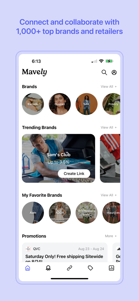 Mavely - Influencer Rewards - Interfaz de la aplicación Mavely que muestra una lista de marcas y minoristas para colaboraciones de influencers.