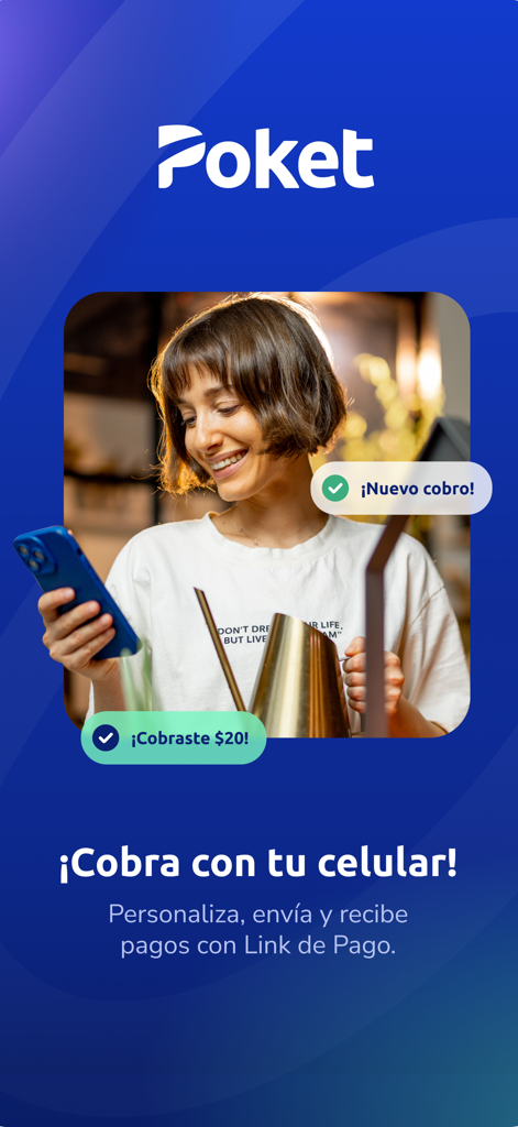 Emprendedor recibiendo una notificación de pago móvil en la app Poket