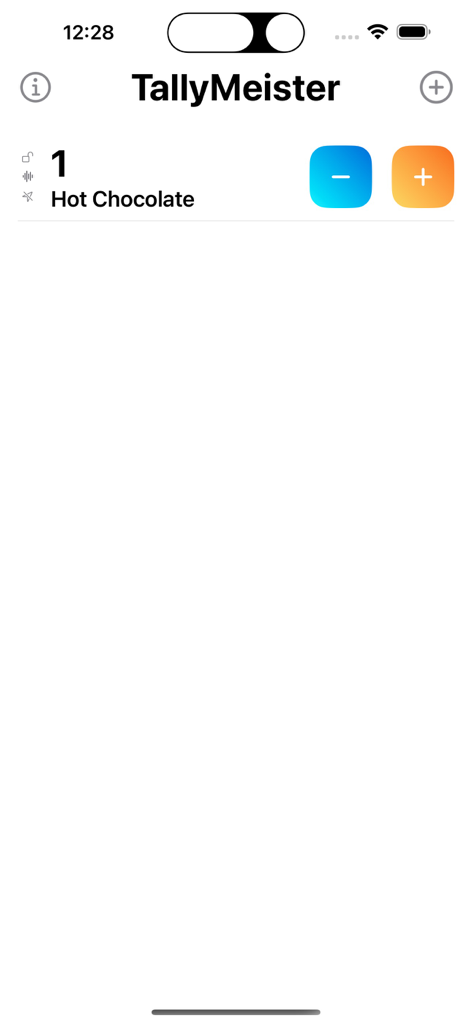 Counter - Tally Meister - Interfaz de la aplicación móvil Tally Meister que muestra un contador digital único para Chocolate Caliente con botones de más y menos