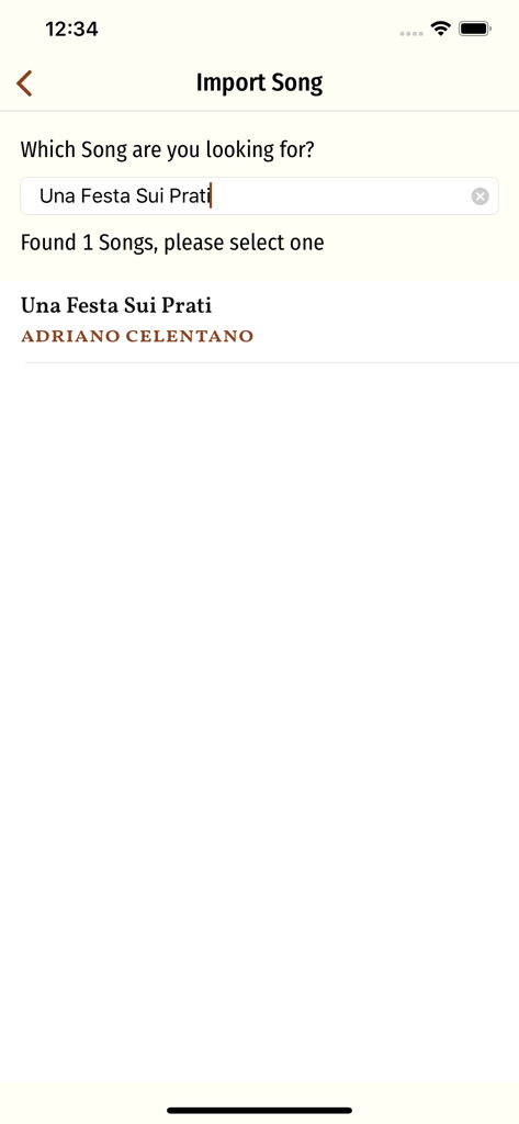 Song Book Pro - Screenshot of the Import Song screen in the Song Book Pro app showing a search result for a specific song