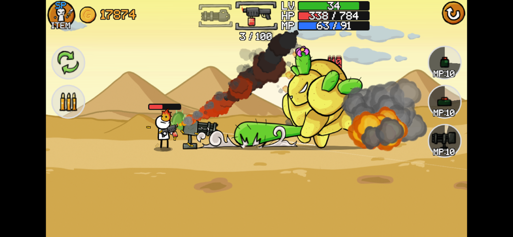 Personaje stickman disparando una ametralladora a un monstruo cactus gigante en un nivel del desierto.