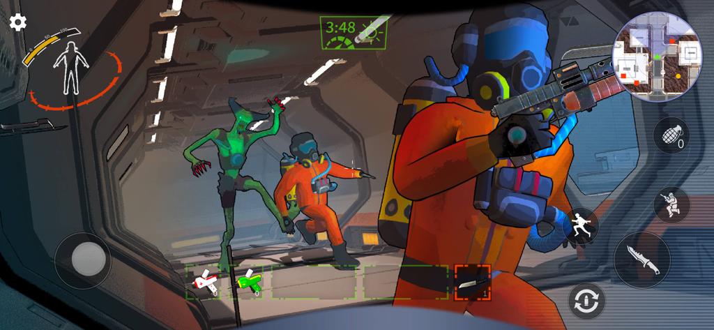 MIMESIS: Deceive or Die - Gameplay von MIMESIS Deceive or Die mit Charakteren in orangefarbenen Anzügen und einem Monster in einem Raumschiffkorridor.