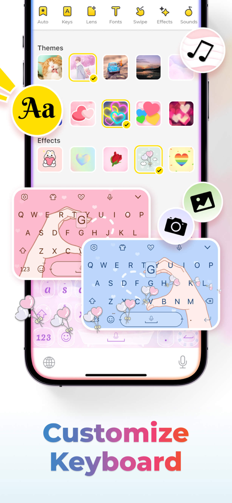 Interface for customizing mobile keyboard themes with aesthetic designs and effects.