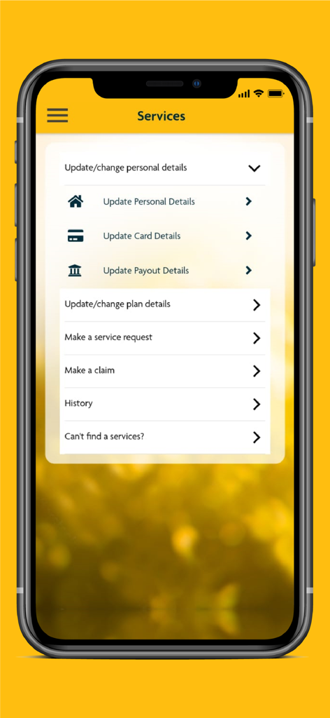 SunAccess Malaysia app services interface with options to update personal information and file claims