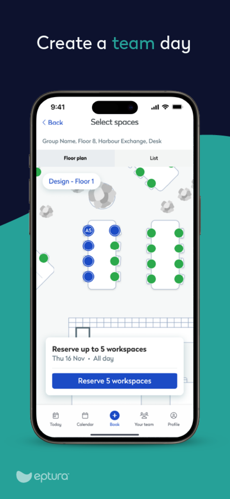 Eptura Engage mobile app interface for selecting and reserving office desks on a digital floor plan.
