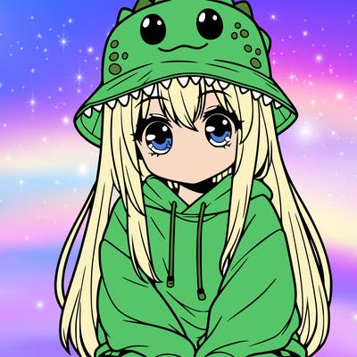 girl with anime shaped eyes with a dinosaur bucket hat oversized sweatshirt long straight hair