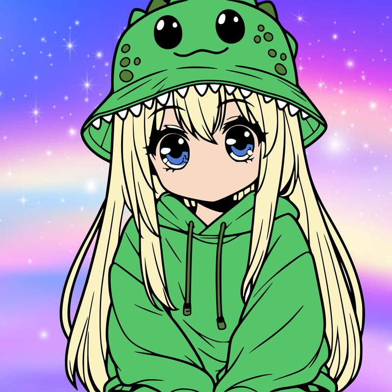 girl with anime shaped eyes with a dinosaur bucket hat oversized sweatshirt long straight hair
