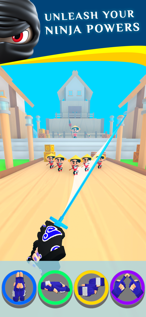 Ninja Hands - Vista en primera persona del juego Ninja Hands con una espada azul y botones de gestos de mano.