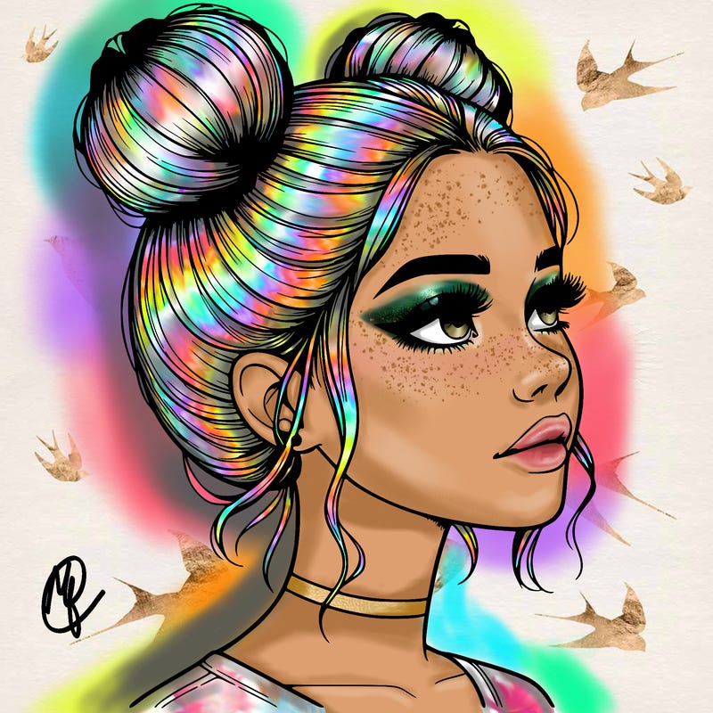 realistic girl with buns on the top of her head