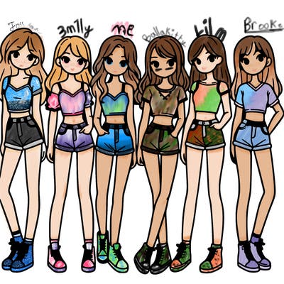 a group of girls wearing crop tops and shorts