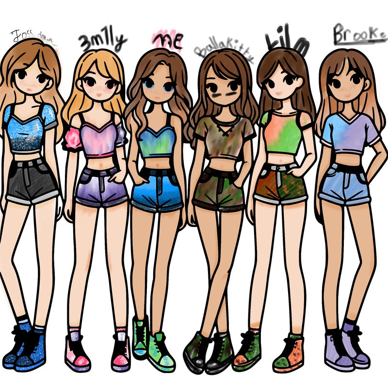 a group of girls wearing crop tops and shorts