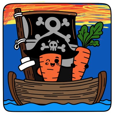 a carrot on a pirate ship, holding a treasure map