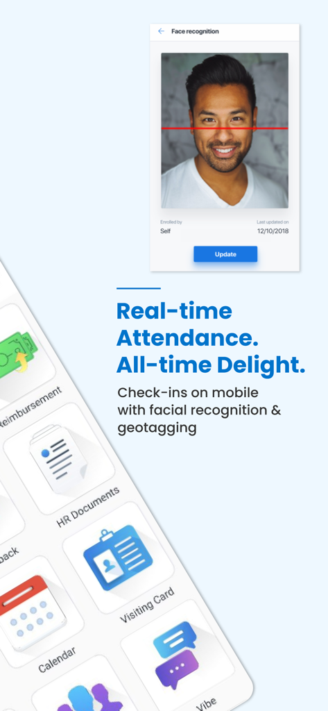 Darwinbox mobile app screen displaying facial recognition for real-time employee attendance check-in