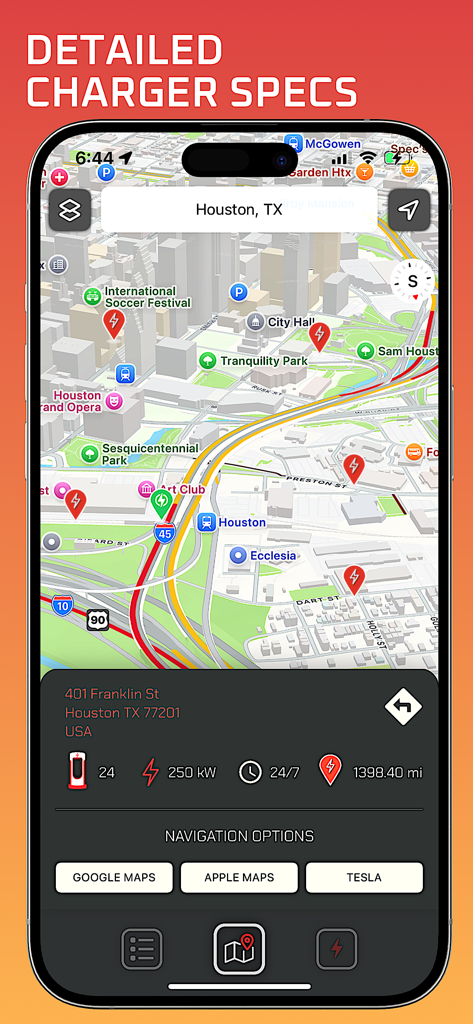 Mobile App-Oberfläche, die eine Karte von Houston mit Tesla Supercharger-Symbolen und einer detaillierten Info-Karte mit Ladesäulenanzahl und Ladegeschwindigkeit zeigt
