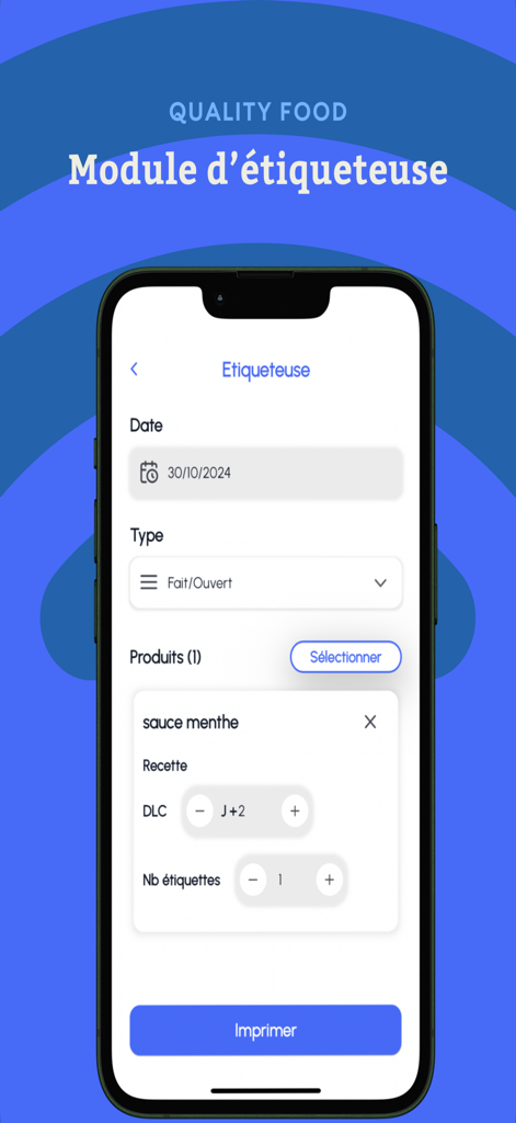 Quality Food - Uno smartphone che mostra l'interfaccia dell'app Quality Food per la configurazione e la stampa di etichette di scadenza alimentare