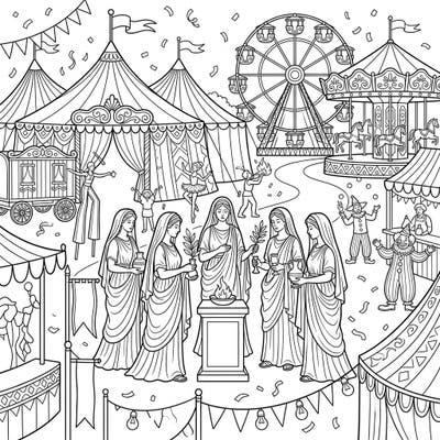 Immerse yourself in a truly unique coloring experience where the solemnity of ancient Roman Vestal Virgins meets the joyous spectacle of a carnival. This intricate design invites you to bring a fascinating historical fantasy to life with your favorite colors.