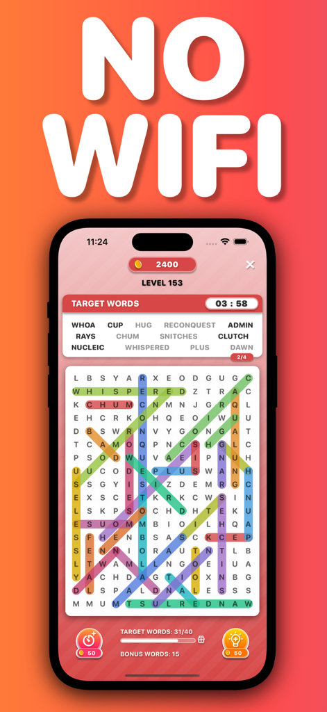 A colorful word search puzzle grid on a mobile device highlighting the offline no wifi feature