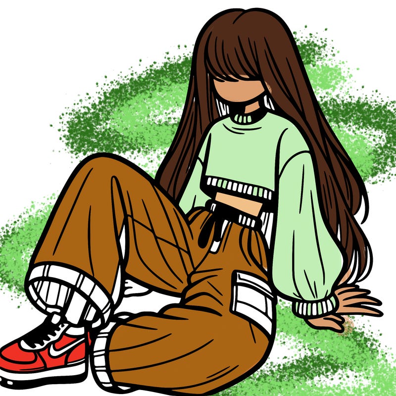 a girl with baggy pants and a crop top with long hair