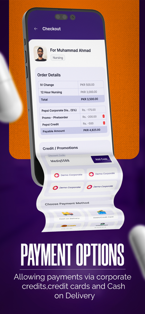 MedIQ Smart Healthcare - Pantalla de pago de la aplicación MedIQ que muestra las opciones de pago para servicios médicos.