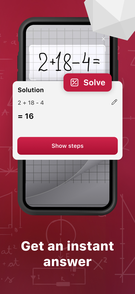Photosolve - Math Photo App - Photosolve mobile app interface showing a handwritten math problem solved instantly with an option to show steps