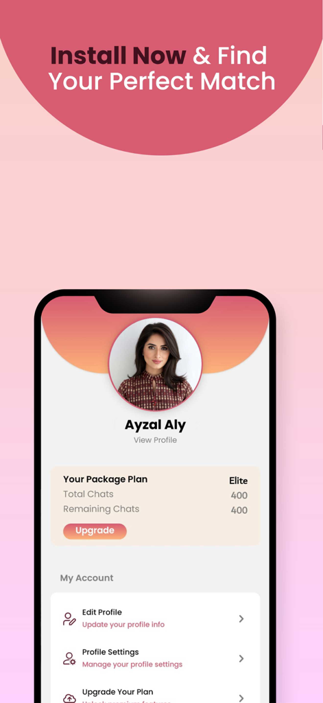 Shaadi.org.pk - RishtaPakistan - Tela de configurações de perfil e conta do aplicativo de casamento Shaadi.org.pk RishtaPakistan.