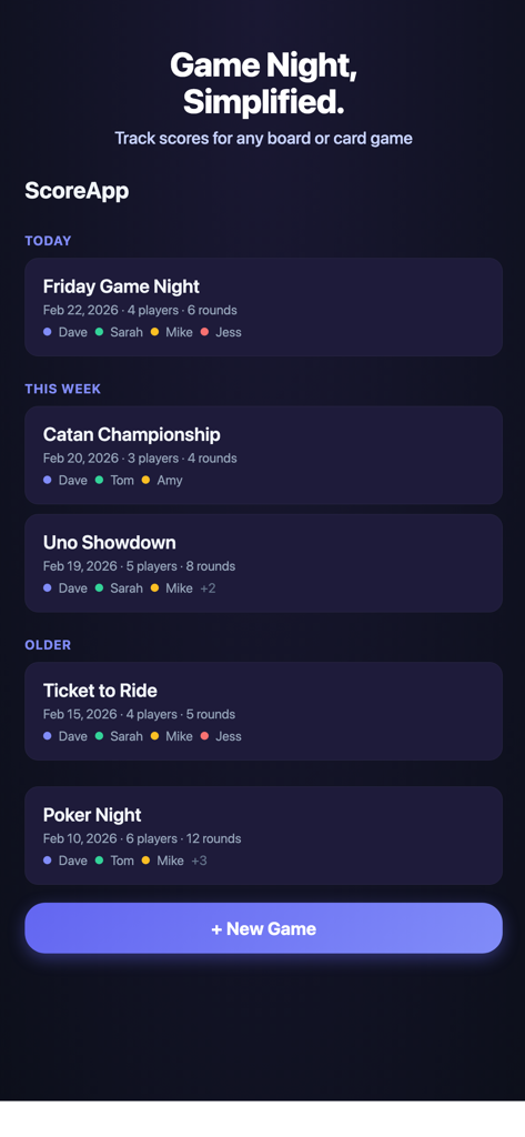 ScoreApp - Dashboard of ScoreApp showing recent game scores and player history in dark mode