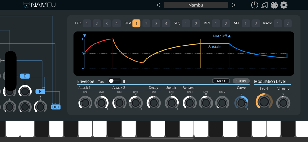 Nambu synth interface showing the multi-stage envelope editor and modulation controls
