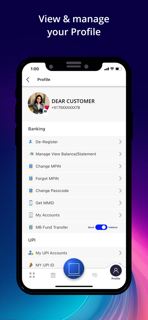 Canara ai1 mobile banking app profile screen showing account settings and UPI management options.