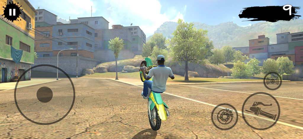 Bike games - Racing games - Ein Motorradfahrer, der einen Wheelie-Stunt auf einer städtischen Straße im Spiel Grau 1 ausführt.