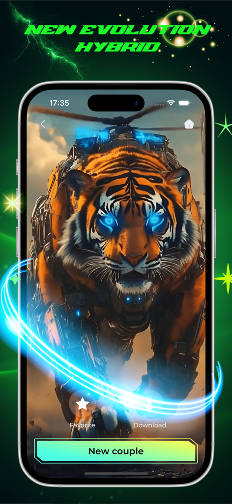 Animal Fusion & Mix Character - A screen showing an AI-generated tiger and mechanical vehicle hybrid with glowing blue eyes.