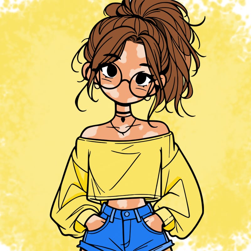 girl with a messy ponytail glasses a baggy crop top and jean shorts