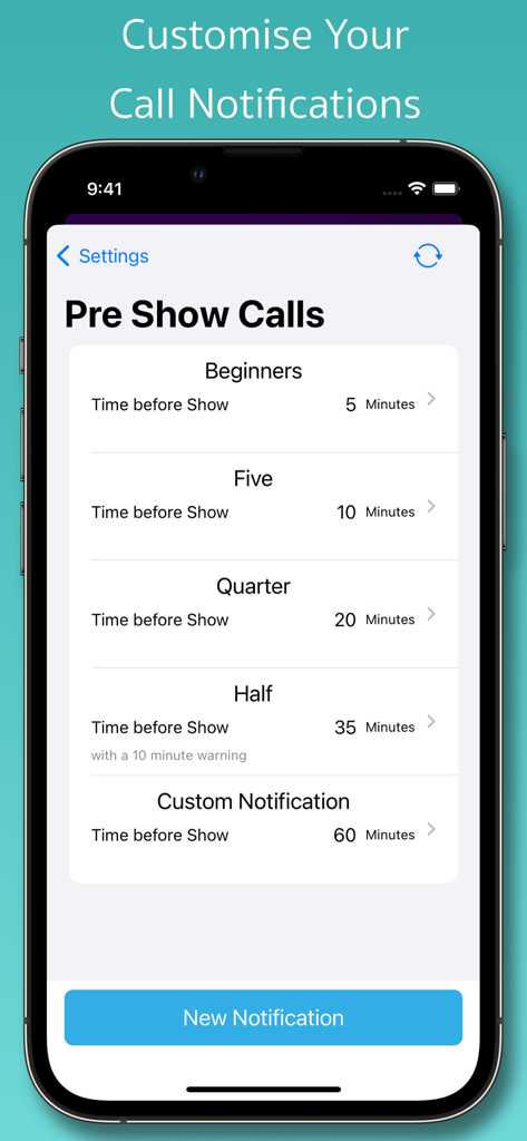 Show StopWatch - Show StopWatch app interface for customizing pre-show call notifications