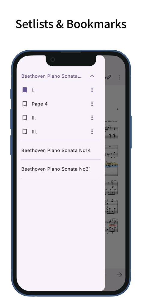 ScorePDF: Sheet Music Viewer - ScorePDF app interface showing setlists and bookmarks for Beethoven piano sonatas