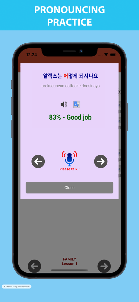 Talk to me in Korean - A smartphone app screen displaying a Korean pronunciation practice exercise with real-time feedback and an 83 percent score.