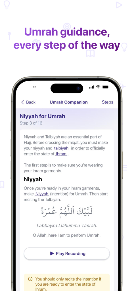 Interfaz de The Pilgrim App que muestra una guía paso a paso de Umrah para el ritual de Niyyah, incluido texto de oración y reproducción de audio.