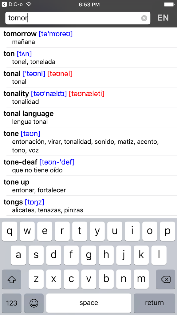 Spanish-English dict. - DIC-o - Search results in the DIC-o app showing English words with Spanish translations and IPA pronunciations