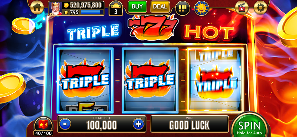 777 Classic Slots Galaxy - A classic three reel slot machine interface featuring flaming triple seven symbols and gold coins