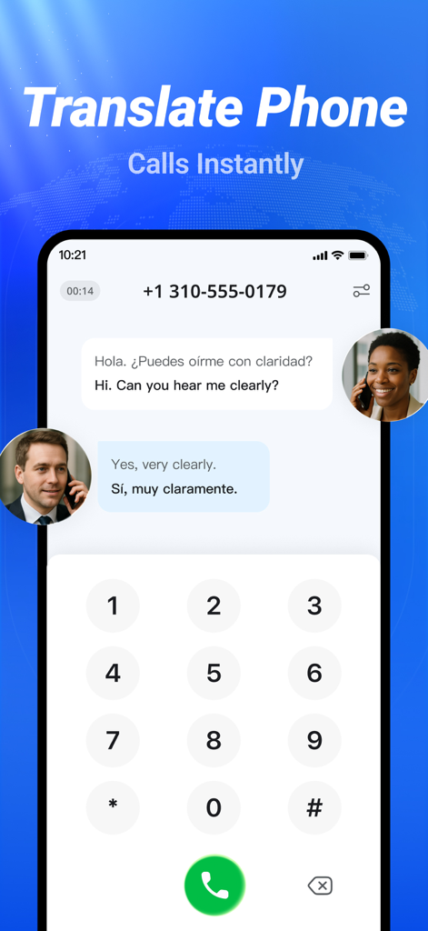 Real-time phone call translation interface in the TransGPT app showing English and Spanish dialogue