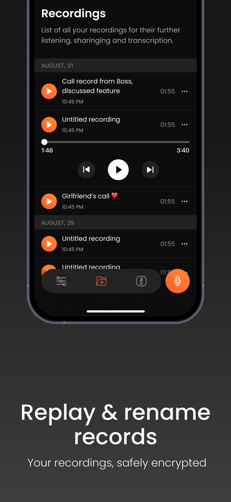 Call Recorder App: Phone Calls - Mobile app interface showing a list of saved phone call recordings with playback and management options